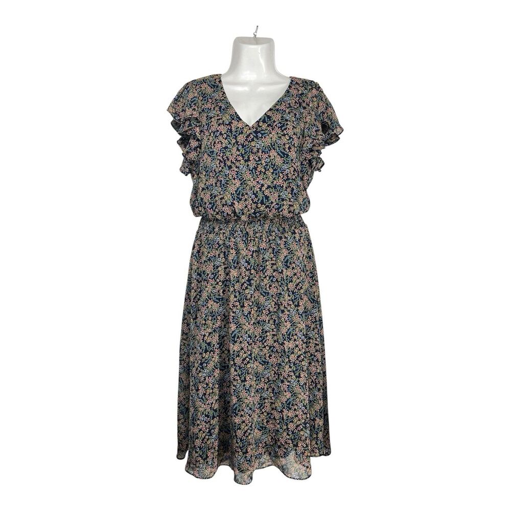 MSK Navy Blue Floral Midi Dress Large Smocked Waist Flutter Sleeve V-Neck Boho